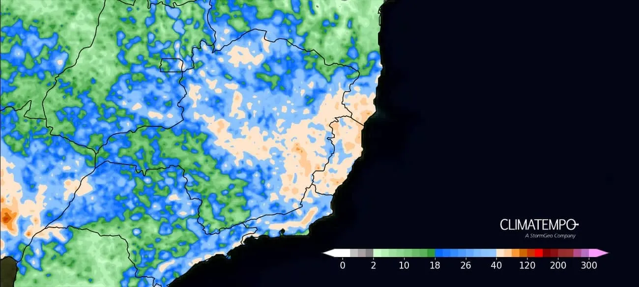 O mapa mostra as áreas em alerta para chuva acumulada entre os dias 17 a 20